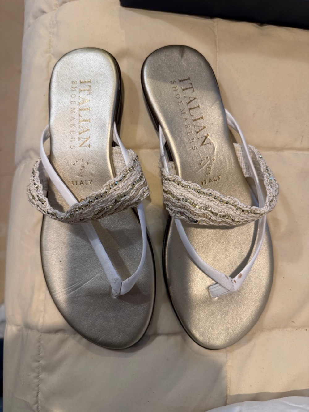 Italian Shoemakers Gold and White Braided Thong Sandals